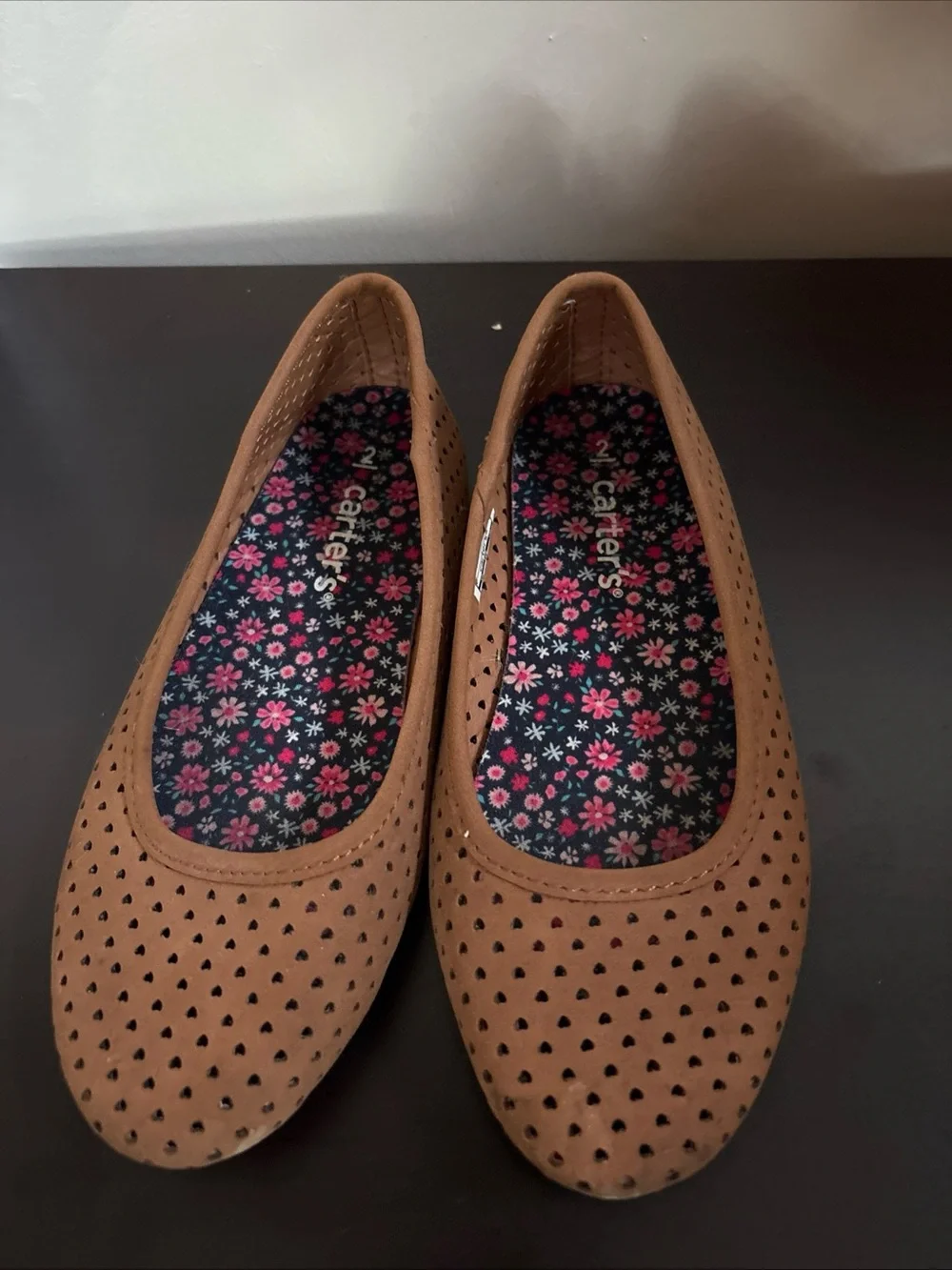Carter's Girls Brown Perforated Ballet Flats with Floral Insole size 2M